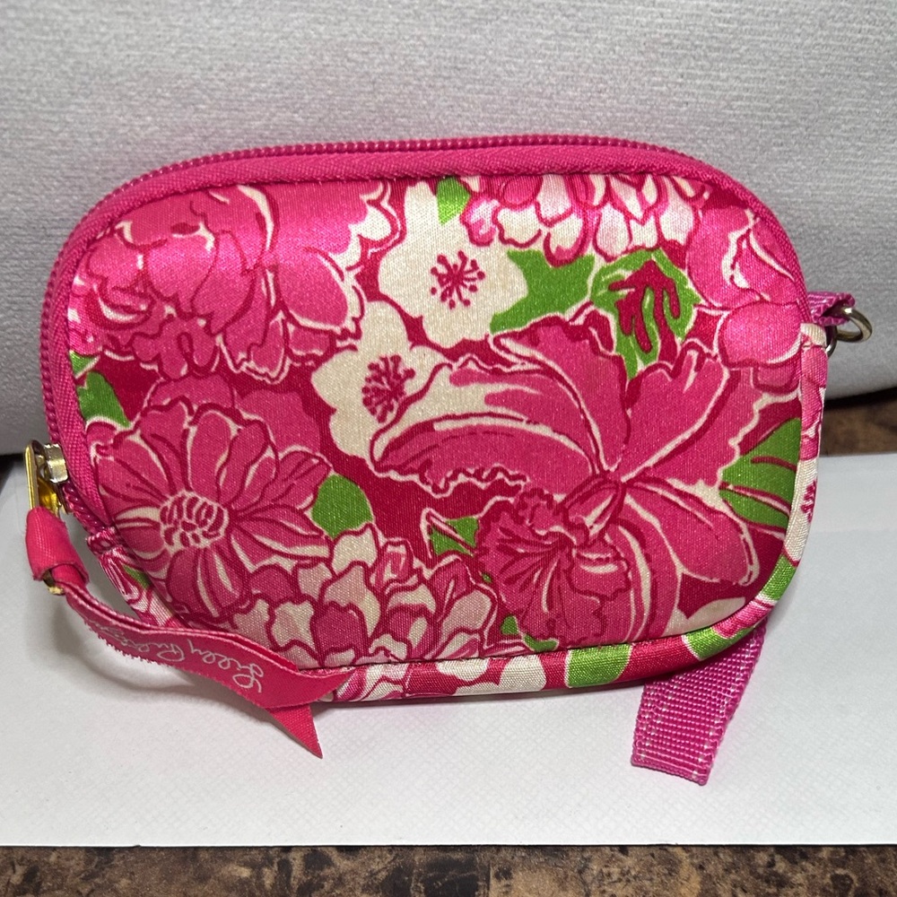 LILLY PULITZER Neoprene Wristlet Pink Flamingo Mini Case Coin Wallet Purse Green